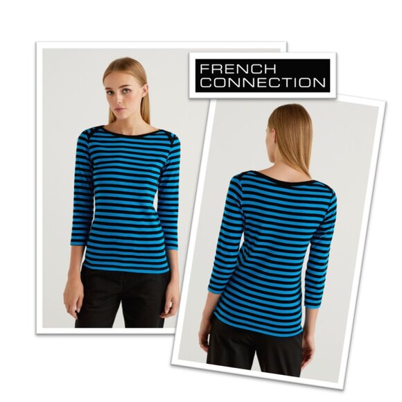 French Connection | Striped Banteau Boatneck Tee w Stretch! - Navy/Blue, Size XS - Picture 13 of 14
